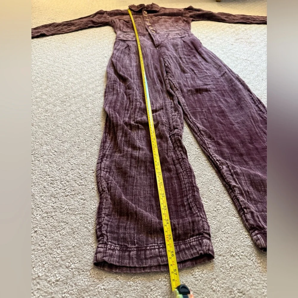 Free People Textured Button-Front Purple Jumpsuit in Plum Stone Washed Boho